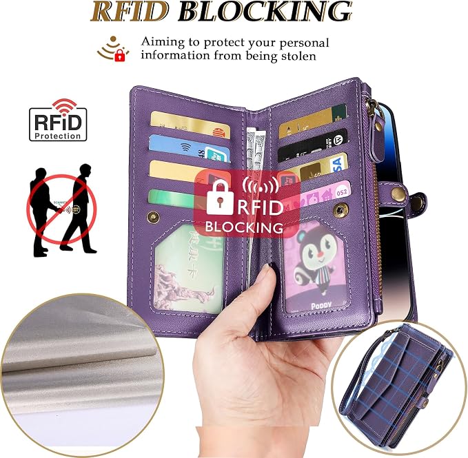 Compatible with iPhone 17 Pro 6.3" Wallet Case with RFID Blocking Card Holder for Women, PU Leather Flip Zipper Wallet Detachable Magnetic Phone Case Crossbody Strap, Purple