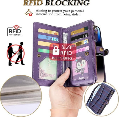 Compatible with iPhone 17 Pro 6.3" Wallet Case with RFID Blocking Card Holder for Women, PU Leather Flip Zipper Wallet Detachable Magnetic Phone Case Crossbody Strap, Purple