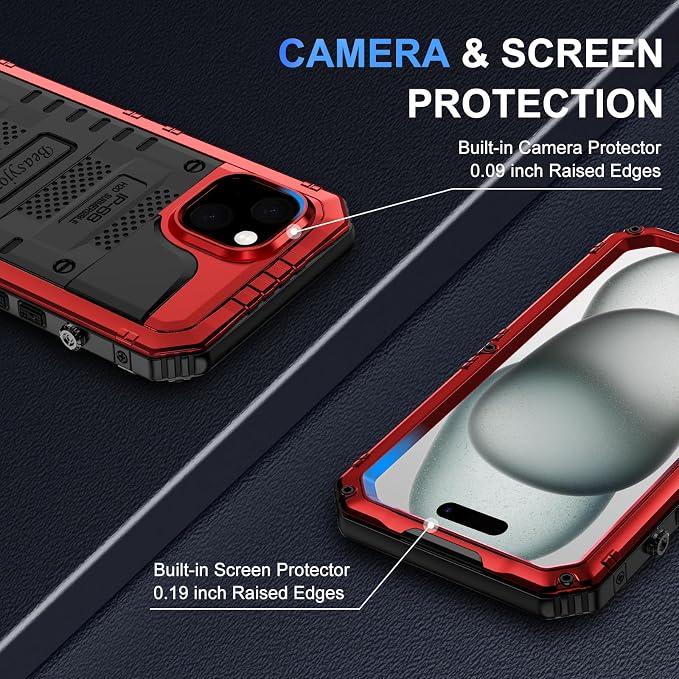 Beasyjoy for iPhone 15 Plus Case Waterproof, Metal Heavy Duty Full Body Protective Case with Built-in Screen Protector, Military Grade Shockproof Dustproof Defender Case for iPhone 15 Plus 6.7", Red