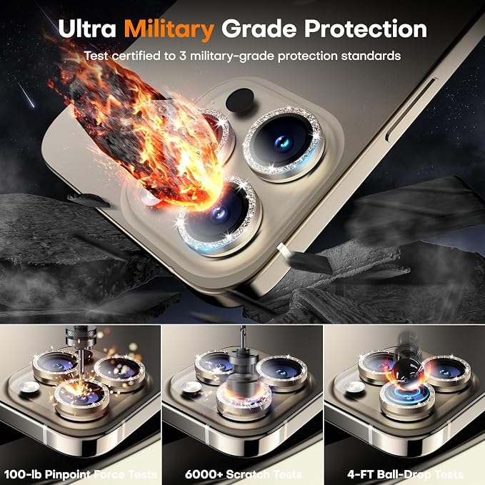 Camera Lens Protector for iPhone 17 Pro Max/17 Pro/16 Pro Max/16 Pro/15 Pro Max/15 Pro/14 Pro Max/14 Pro,Tempered Glass Metal Individual Camera Cover[Anti-drop] Case Friendly- Glitter Grey