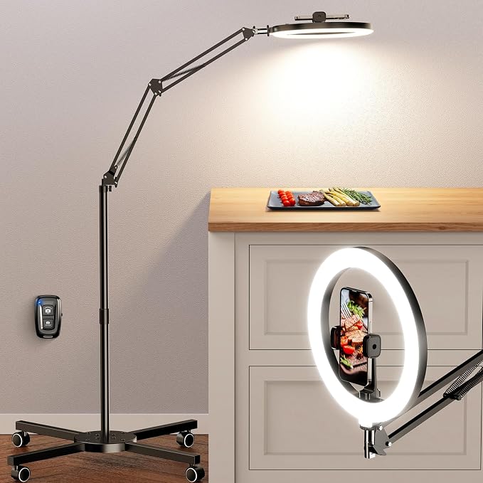 LUXSURE Ring Light Tripod for iPhone with Light,Overhead Camera Mount with Casters,Ring Light with Stand and Phone Holder for Video Recording,Phone Tripod with Light for Live Streaming/Cooking