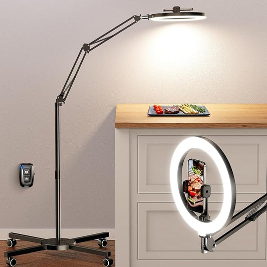 LUXSURE Ring Light Tripod for iPhone with Light,Overhead Camera Mount with Casters,Ring Light with Stand and Phone Holder for Video Recording,Phone Tripod with Light for Live Streaming/Cooking