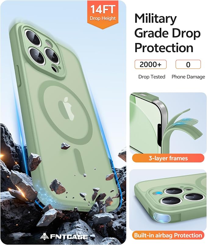 FNTCASE for iPhone 13 Pro Max Case, Fit for Magsafe, Full Camera Protection | Translucent Matte Magnetic Phone Back, 14FT Military Grade Drop Proof, Slim Shockproof Protective Cover, Light Moss