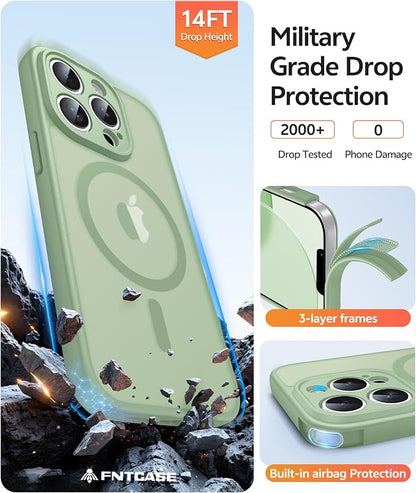 FNTCASE for iPhone 13 Pro Max Case, Fit for Magsafe, Full Camera Protection | Translucent Matte Magnetic Phone Back, 14FT Military Grade Drop Proof, Slim Shockproof Protective Cover, Light Moss