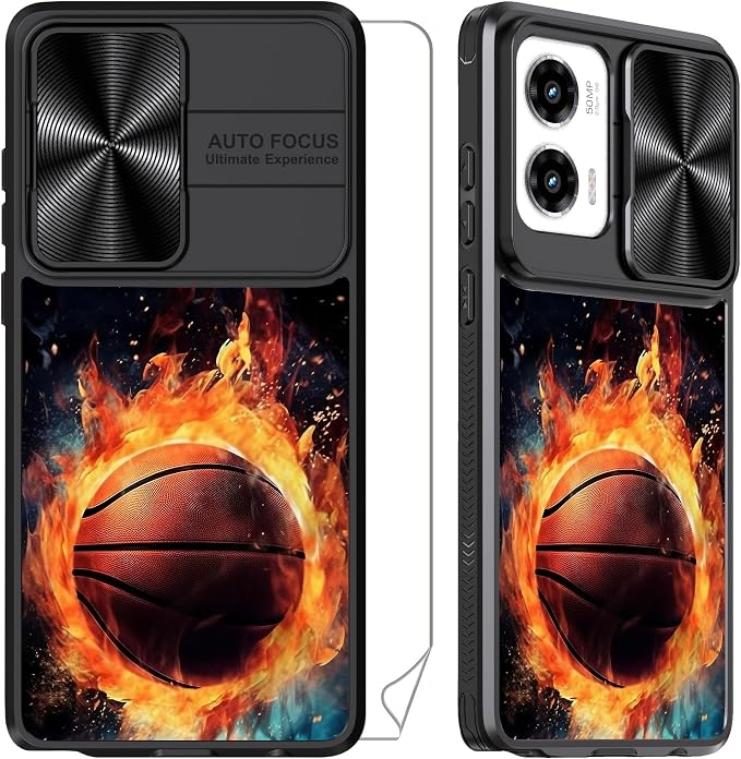 for Motorola Moto G Stylus 5G 2024 Case with Passionate Basketball, Metal Slide Camera Cover, Screen Protector, Anti-Peeping Privacy Safeguard, Camera Lens Protector Phone Case for Moto G Stylus 5G
