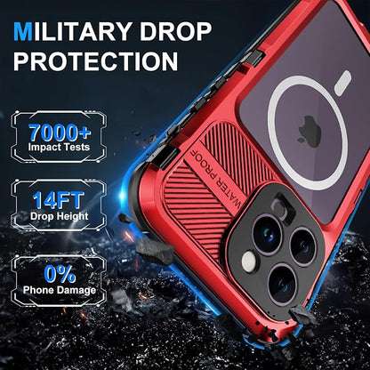 WIFORT for iPhone 14 Pro Max Waterproof Case - Metal Shockproof Phone Case Built-in Screen Protector [IP68 Water Proof][14FT Military Grade ], Heavy Duty Full Body Drop Protection Cover, 6.7" Red