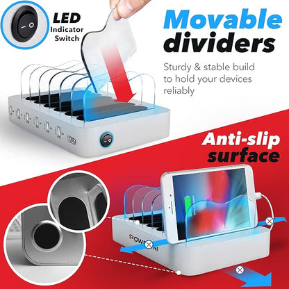 USB Charging Dock - 6-Port Universal Charging Station for Multiple Devices - Multi Device Charger Station - Compatible with Apple, iPad, iPhone, and Android Cell Phones and Tablets