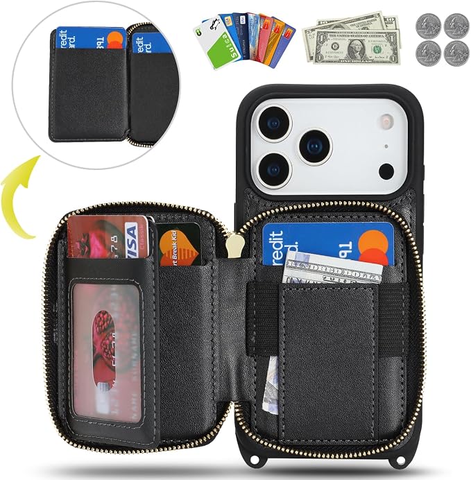 Crossbody Wallet Case for iPhone 17 Pro, PU Leather Zipper Handbag Purse Flip Cover, Kickstand Folio Case with Card Slots Holder Wrist Strap Lanyard 5G 6.3 Inch-Black