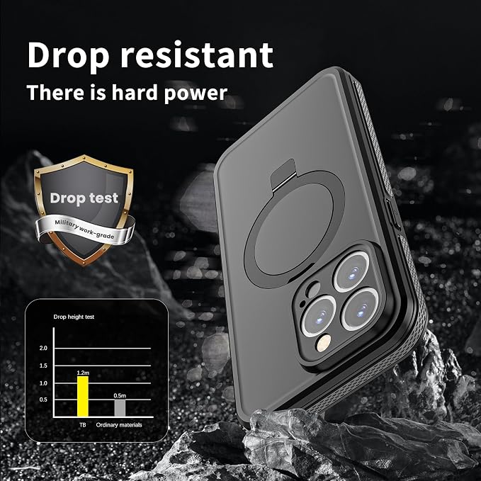 Omio for iPhone 15 Pro Max Waterproof Case with Stand Compatible with MagSafe, Full Body Magnetic IP69 Underwater Case Built-in Screen Protector Military Grade Shockproof Case for Men Women, Black
