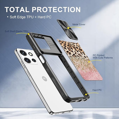 for Motorola Moto G 5G 2025 Case with Leopard Print, Metal Slide Camera Cover, Screen Protector, Anti-Peeping Privacy Safeguard, Camera Lens Protector Phone Case for Moto G 5G 2025