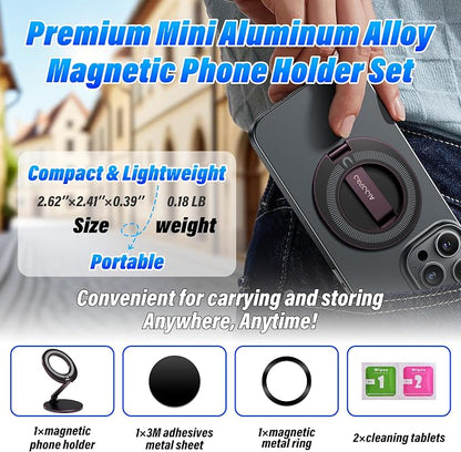 Double Magnetic Ring Phone Holder, Strong Dual-Sided Magnet Mount for iPhone, Android & MagSafe Cases, Iron Surface Compatible