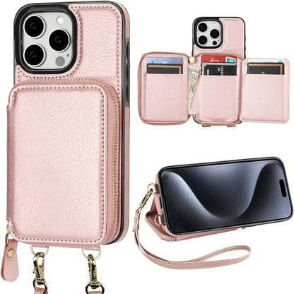 Bocasal RFID Blocking Wallet Case for iPhone 15 Pro Max, Adjustable Crossbody Zipper Purse Case Card Holder with Kickstand Detachable Wrist Strap, PU Leather Flip Folio Case 6.7 Inch 5G (Rose Gold)