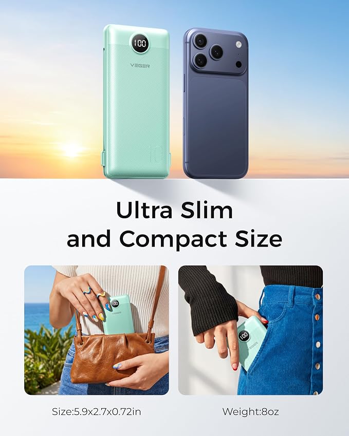 VEGER Portable Charger with Built-in AC Plug and Cables, All in One 10000mAh Ultra Slim Power Bank Travel Essentials, USB C External Battery Pack Compatible with iPhone, Samsung, More, Green