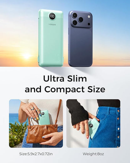 VEGER Portable Charger with Built-in AC Plug and Cables, All in One 10000mAh Ultra Slim Power Bank Travel Essentials, USB C External Battery Pack Compatible with iPhone, Samsung, More, Green
