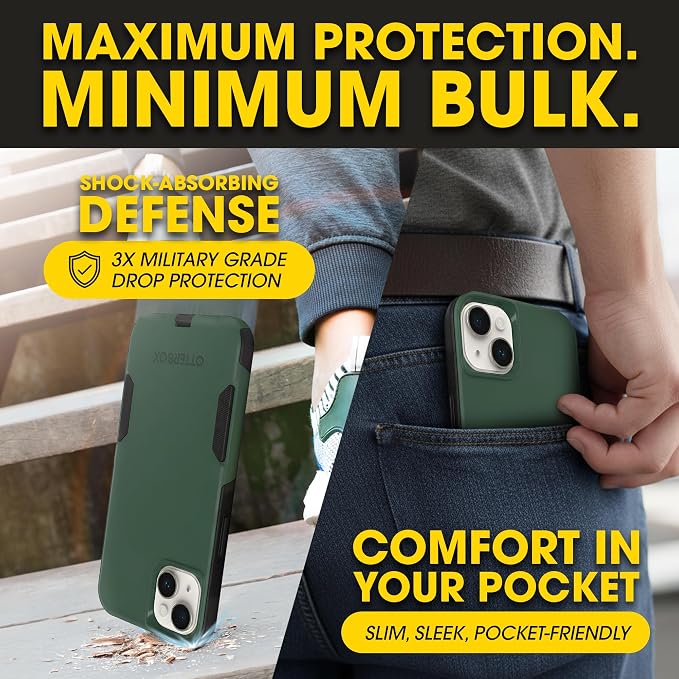 OtterBox iPhone 16e, 15, 14, & 13 Commuter Series Case - Slim & Tough, Pocket-Friendly, with Port Protection - Green/Black