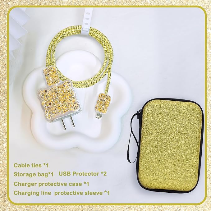 Glitter Phone Charger Storage Case Cover Set, Cute Bling Electronic Organizer with Cable Protector for iPhone, Soft Cable Saver Cord Organizer, Charger Case (Yellow)