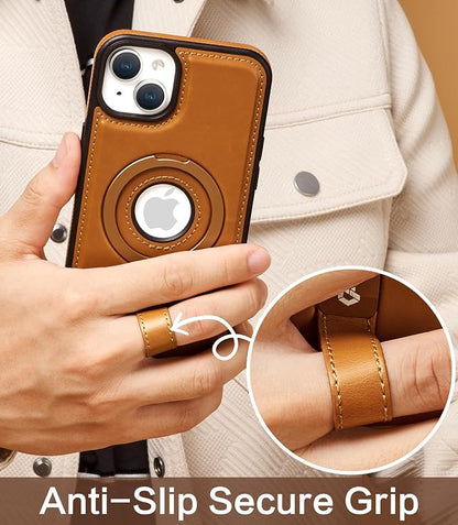for iPhone 15 Plus/iPhone 14 Plus Leather Case with Stand, Anti-Slip Grip Ring, Fits for MagSafe (Brown, iPhone 15/14 Plus)