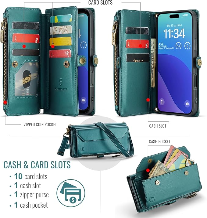 Strapurs Wallet Case Compatible with iPhone 16 Pro 6.3" RFID Blocking 10-Card Holder Soft PU Leather Magnetic Snap Shoulder Strap Zipper Pocket Phone Case Fit for iPhone 16 Pro for Women - Blue Green