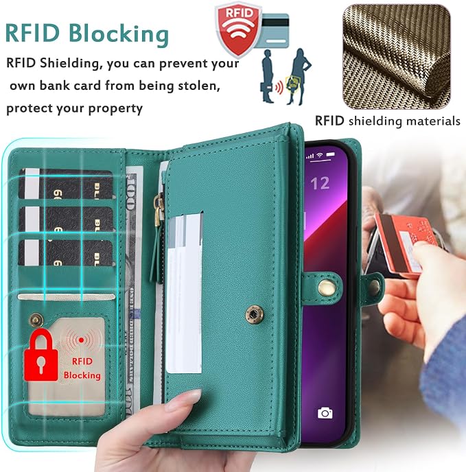for Wallet Case Compatible with iPhone 13 Pro Max,Multi-Function Detachable 2 in 1 Magnetic iPhone 13 Pro Max Case Wallet,Flip Strap Zipper Card Holder Phone Case with Shoulder Straps (Green)