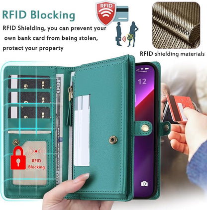 for Wallet Case Compatible with iPhone 13 Pro Max,Multi-Function Detachable 2 in 1 Magnetic iPhone 13 Pro Max Case Wallet,Flip Strap Zipper Card Holder Phone Case with Shoulder Straps (Green)