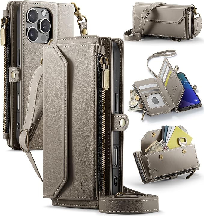 Strapurs Wallet Case Compatible with iPhone 16 Pro 6.3" RFID Blocking 10-Card Holder Soft PU Leather Magnetic Snap Shoulder Strap Zipper Pocket Phone Case Fit for iPhone 16 Pro for Women - Grey