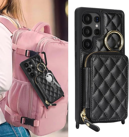 Crossbody Wallet Case for Galaxy S25 Ultra, PU Leather Zipper Handbag Purse Flip Cover, Kickstand Folio Case with Card Slots Holder Wrist Strap Lanyard -Black