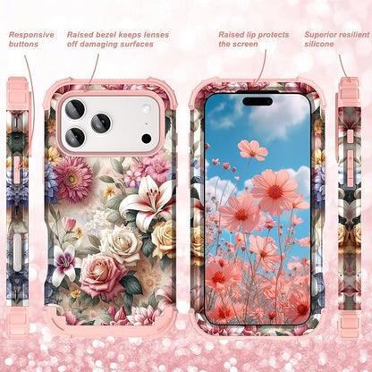 Hocase for iPhone 17 Pro Max Case, Heavy Duty Shockproof Protection Soft Silicone Rubber+Hard Plastic Bumpers Hybrid Protective Case for iPhone 17 Pro Max 2025 - Rose Flowers