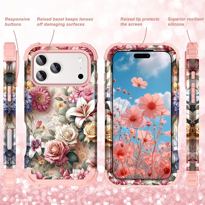 Hocase for iPhone 17 Pro Case 6.3", Heavy Duty Shockproof Protection Soft Silicone Rubber+Hard Plastic Bumpers Hybrid Protective Case for iPhone 17 Pro 2025 - Rose Flowers