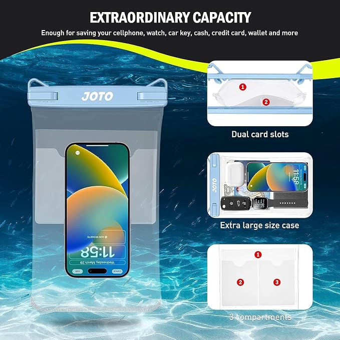 JOTO 2 Pack Large Waterproof Phone Pouch Bag, IPX8 Big Underwater Dry Bag with Lanyard for iPhone 17 Air 16 15 14 Plus Pro Max, Galaxy S24 S23 Ultra, Airpods Cash Credit Card Essentials -Black & Blue
