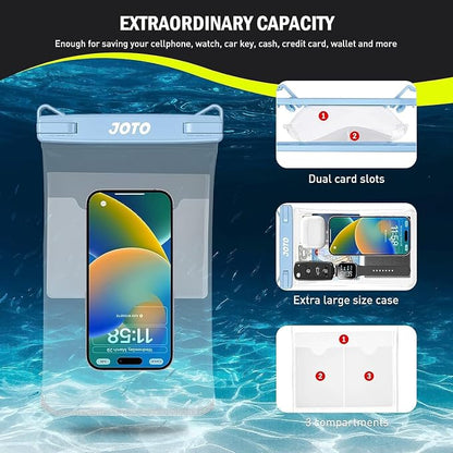 JOTO 2 Pack Large Waterproof Phone Pouch Bag, IPX8 Big Underwater Dry Bag with Lanyard for iPhone 17 Air 16 15 14 Plus Pro Max, Galaxy S24 S23 Ultra, Airpods Cash Credit Card Essentials -Black & Blue