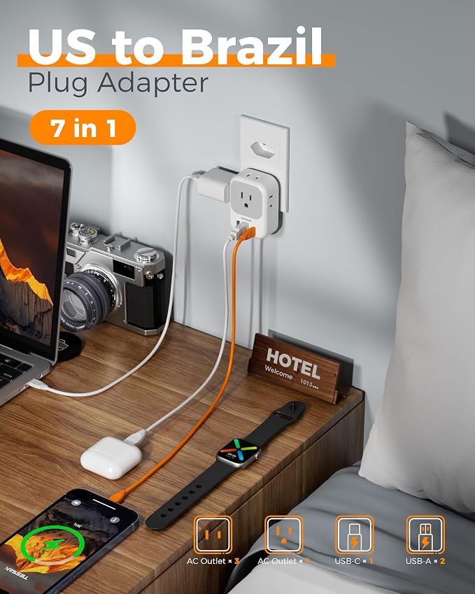 TESSAN Brazil Plug Adapter 2 Pack, 7 in 1 US to Brazil Power Adapter | 3 USB Ports (1 USB-C PD 20W Port) 4 American Outlets, Type N Travel Adaptor for USA to Brazilian