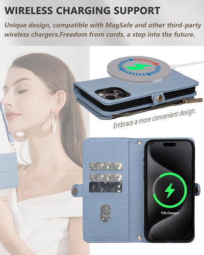 Crossbody Wallet Case for iPhone 15 Pro with Mirror, Wrist Strap, Zipper Purse Magnetic Flip RFID Blocking Card Holder, Wireless Charging, PU Leather Shockproof 6.1" Women (Blue)