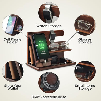 360° Rotating Nightstand Organizer - Wood Phone Docking Station with Rotating Base, Charging Slot, Holds watch, Wallet, Keys, Eyewear - Birthday Gifts for Men & Women, Bedroom or Office Use, Dark Brown