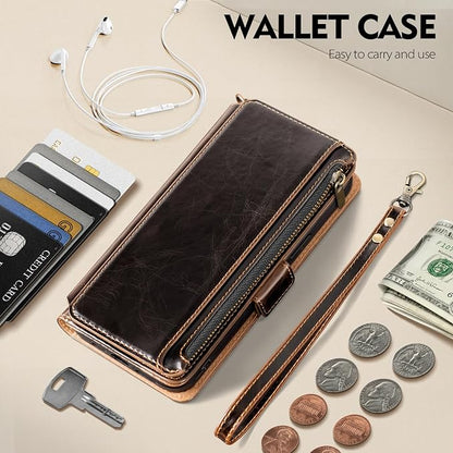 Antsturdy Compatible with iPhone 14 Wallet Case RFID Blocking,PU Leather Phone Case Women Men Flip Shockproof Cover with Wrist Strap Zipper Pocket Credit Card Holder Slots,for Apple 14 6.1"(Coffee)