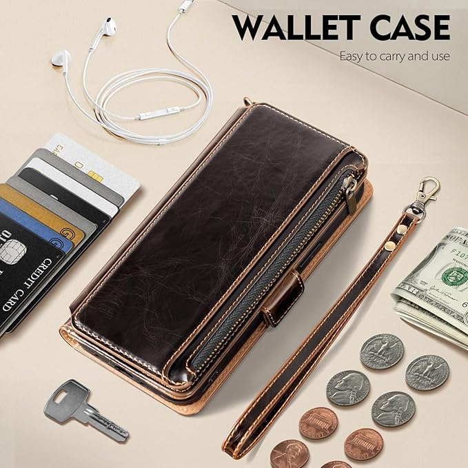 Antsturdy Compatible with iPhone 16 Plus Wallet Case,RFID Blocking PU Leather Phone Case Women Men Kickstand flip Cover Wrist Strap Zipper Credit Card Holder Slots for Apple 16 Plus 6.7",Coffee