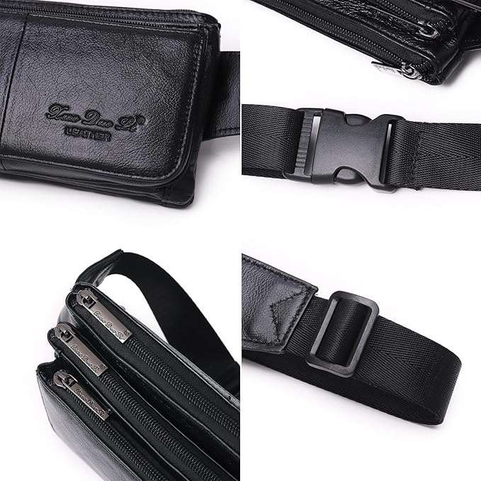 KPYWZER Vintage Leather Fanny Pack Waist Bag for Men Women Outdoor Travel Hunting Hiking Camping Hip Bum Belt Cell Phone Purse Wallet Pouch Retro Crossbody Sling Pouch Black