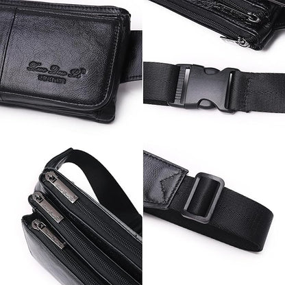 KPYWZER Vintage Leather Fanny Pack Waist Bag for Men Women Outdoor Travel Hunting Hiking Camping Hip Bum Belt Cell Phone Purse Wallet Pouch Retro Crossbody Sling Pouch Black