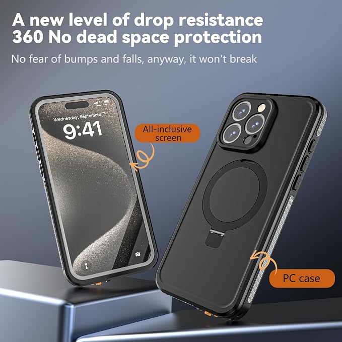 Omio for iPhone 15 Pro Max Waterproof Case with Stand Compatible with MagSafe, Full Body Magnetic IP69 Underwater Case Built-in Screen Protector Military Grade Shockproof Case for Men Women, Black