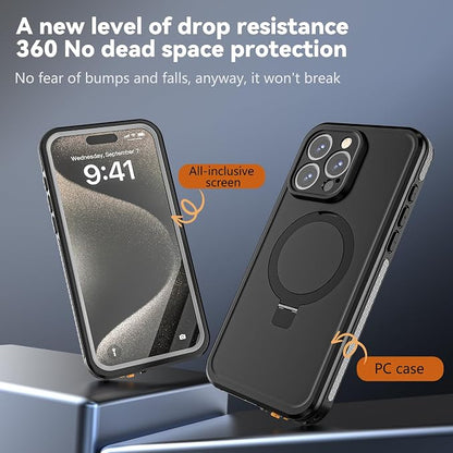 Omio for iPhone 15 Pro Max Waterproof Case with Stand Compatible with MagSafe, Full Body Magnetic IP69 Underwater Case Built-in Screen Protector Military Grade Shockproof Case for Men Women, Black