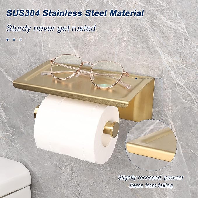 NearMoon Toilet Paper Holder with Shelf, Heavy Duty Bath Toilet Roll Holder with Phone Shelf Tissue Hanger for Bathroom/Kitchen No Drill or Wall Mounted(304 Stainless Steel, Brushed Gold)