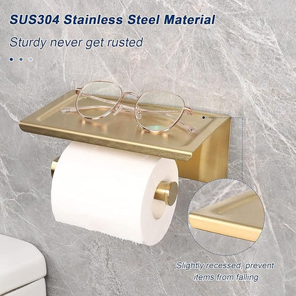 NearMoon Toilet Paper Holder with Shelf, Heavy Duty Bath Toilet Roll Holder with Phone Shelf Tissue Hanger for Bathroom/Kitchen No Drill or Wall Mounted(304 Stainless Steel, Brushed Gold)