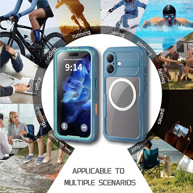 Guppy for iPhone 16 Magnetic Waterproof Case, Built-in Screen Protector [IP68 Waterproof][14FT Military Drop Proof] 360° Full Body Protection Dustproof Shockproof Heavy Duty Rugged Case, Cyan