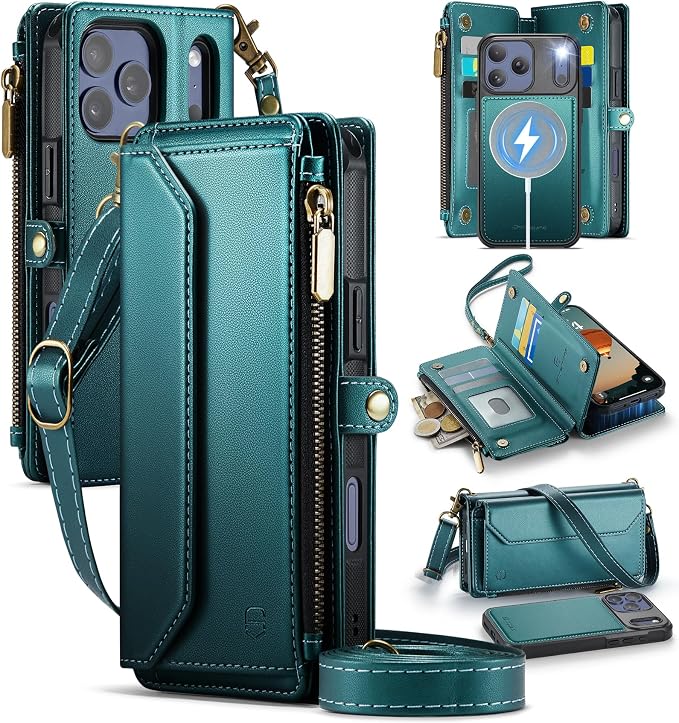 Strapurs for iPhone 17 Pro Max Detachable Wallet Case Compatible with Magsafe, RFID Blocking 9-Card Holder Zipper Strap Lanyard PU Leather Magnetic Phone Case for iPhone 17 Pro Max 6.9", Blue Green