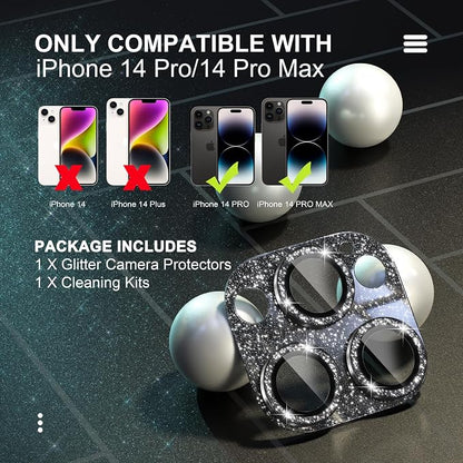 Choiche for iPhone 14 Pro/iPhone 14 Pro Max Camera Lens Protector, Bling Camera Cover with 9H Tempered Glass Lens Screen Protector Metal Ring Decoration Accessories (Glitter-Black)