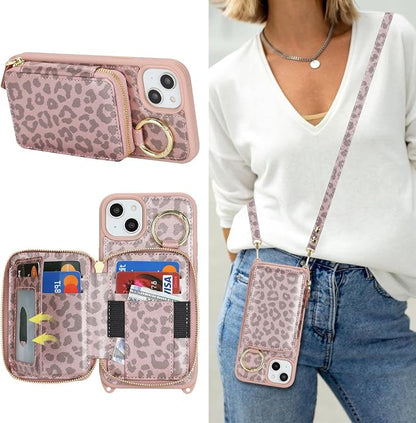 Crossbody Wallet Case for iPhone 14 Plus, PU Leather Zipper Handbag Purse Flip Cover, Kickstand Folio Case with Card Slots Holder Wrist Strap Lanyard 5G 6.7 Inch-Pink Leopard