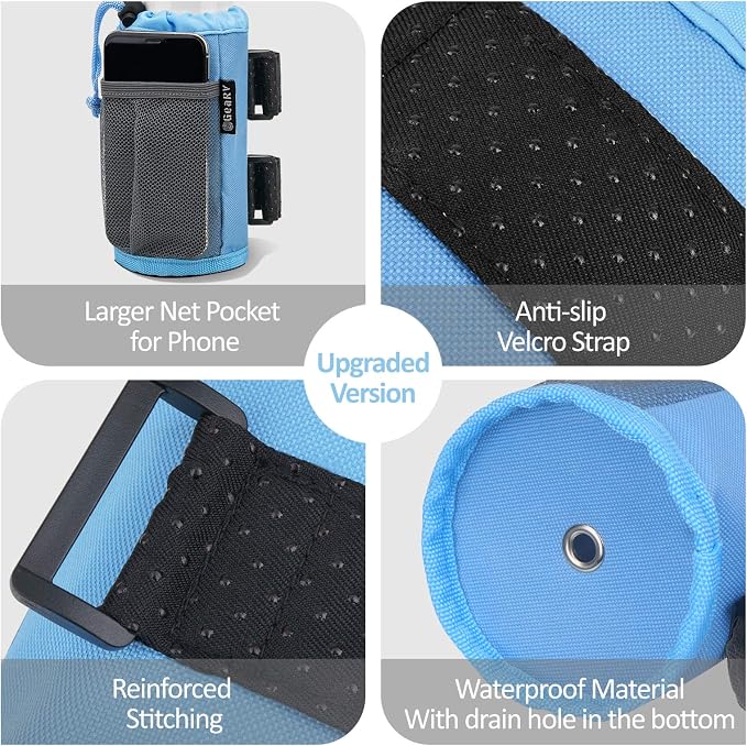 GEARV 2Pack Cup Holder for Bike, Scooter and Wheelchair, Water Bottle Holder for UTV/ATV, Walker, Golf Cart and Beach, Universal Drink Holder Accessories with Net Pocket and Cord Lock (Ocean Blue)