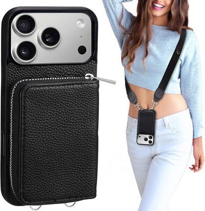 XANGNIER Wallet Case for iPhone 17 Pro Max with Strap, RFID Blocking PU Leather Crossbody Phone Purse with Card Holder, Zipper Pocket, Wrist Strap & Adjustable Lanyard for Women 6.9" 5G, Black