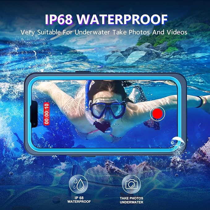 Temdan Compatible with iPhone 13 Pro Max Case Waterproof, Built-in Screen & Camera Protector IP68 Underwater Full Body 13FT Military Dropproof Shockproof Phone Case 6.7"-Blue/Clear