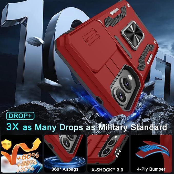 DEERLAMN Case for Samsung Galaxy S25 Edge with Slide Camera Cover+Screen Protector (1 Pack), Rotated Ring Kickstand Military Grade Shockproof Protective Cover-Red