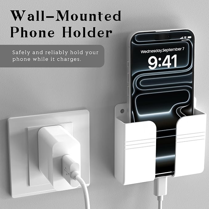 Wall Mounted Phone Holder with Adhesive, No-Drill Phone Stand for Charging, Built-in Cable Slot, Phone Holder for Bathroom, Bedroom, Kitchen, RV, Compatible with iPhone & Android, White